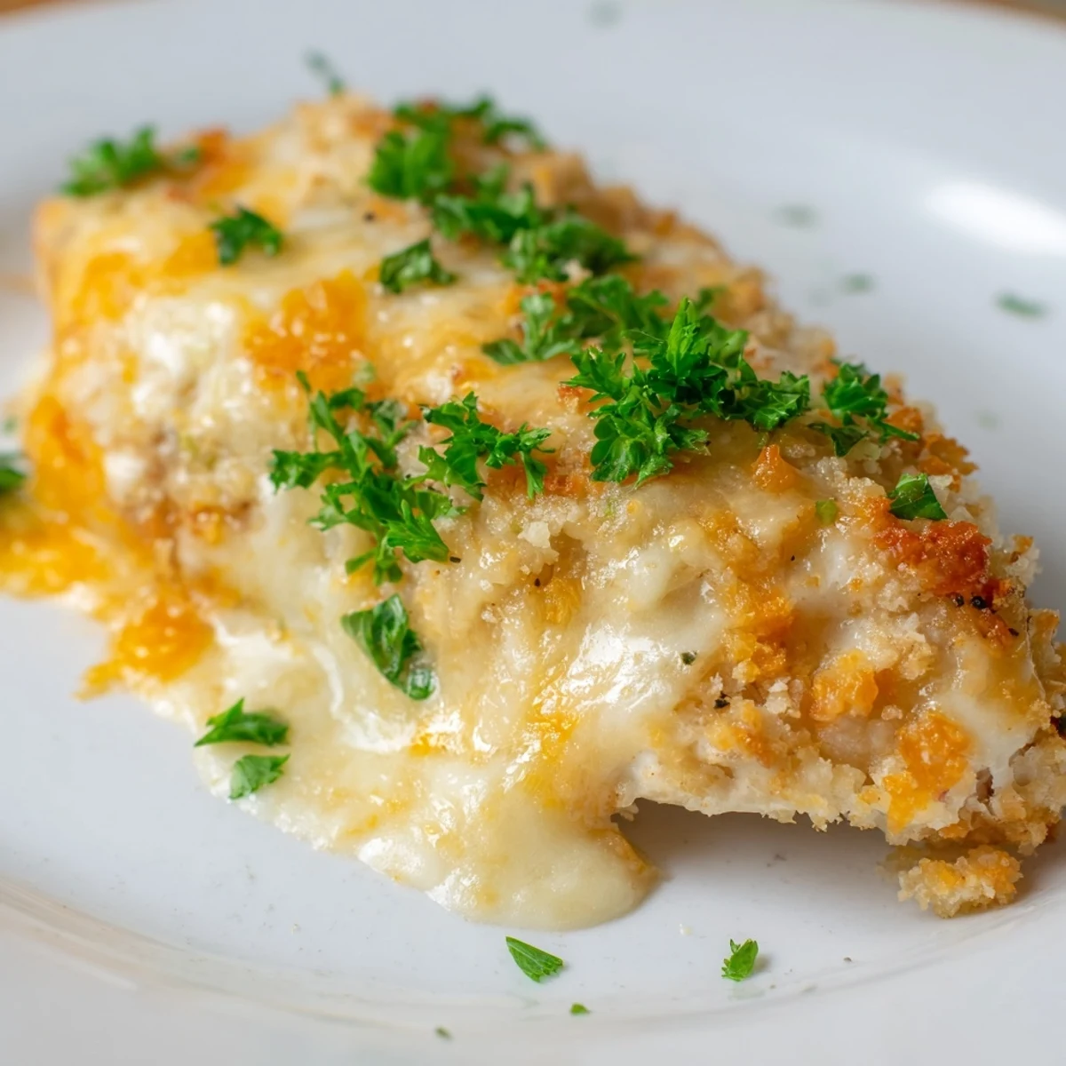Golden, bubbly cheesy baked chicken breast, a simple American dinner recipe, ready to serve and enjoy.