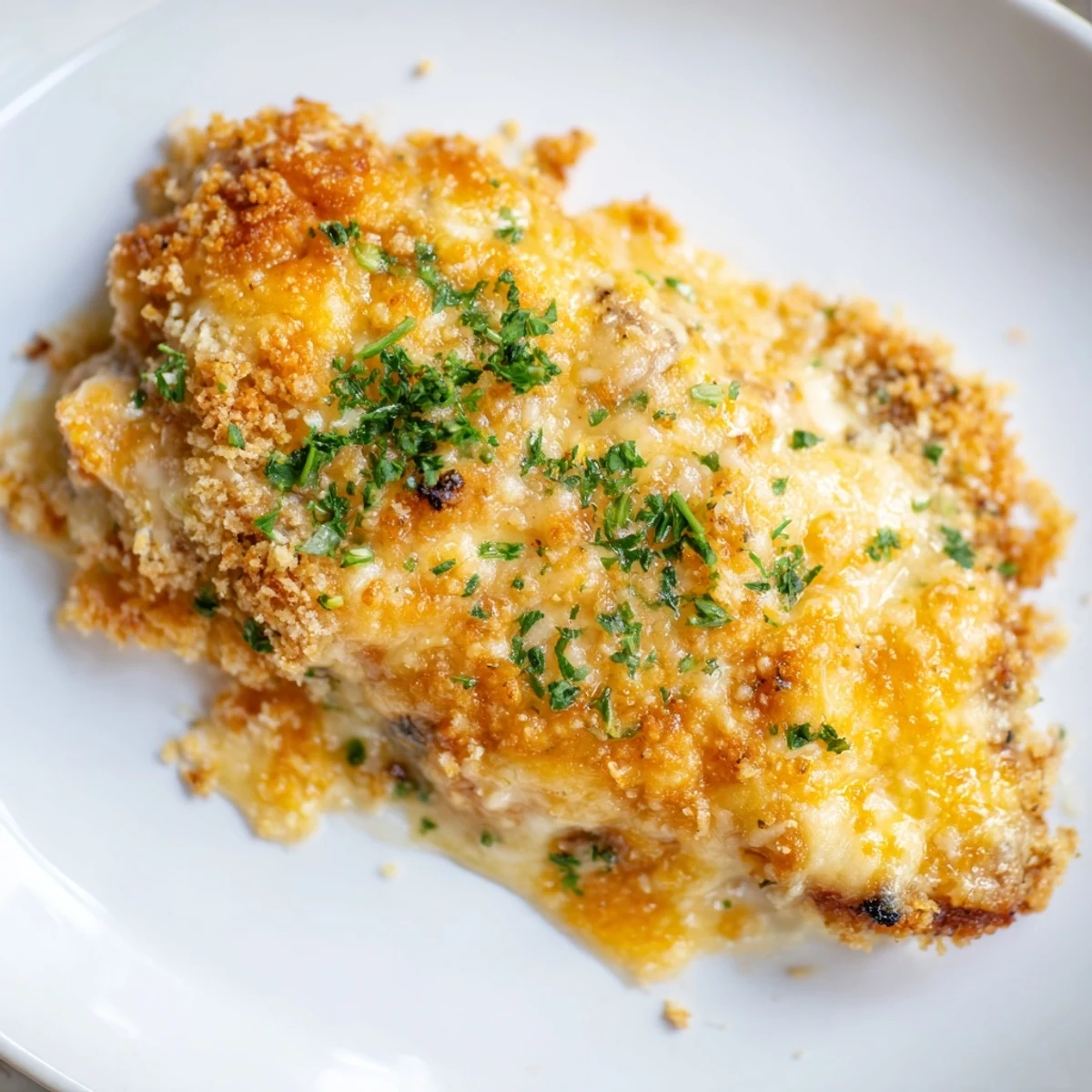 Delicious cheesy baked chicken breast, featuring melted cheese and crispy breadcrumbs, perfect for a weeknight meal.