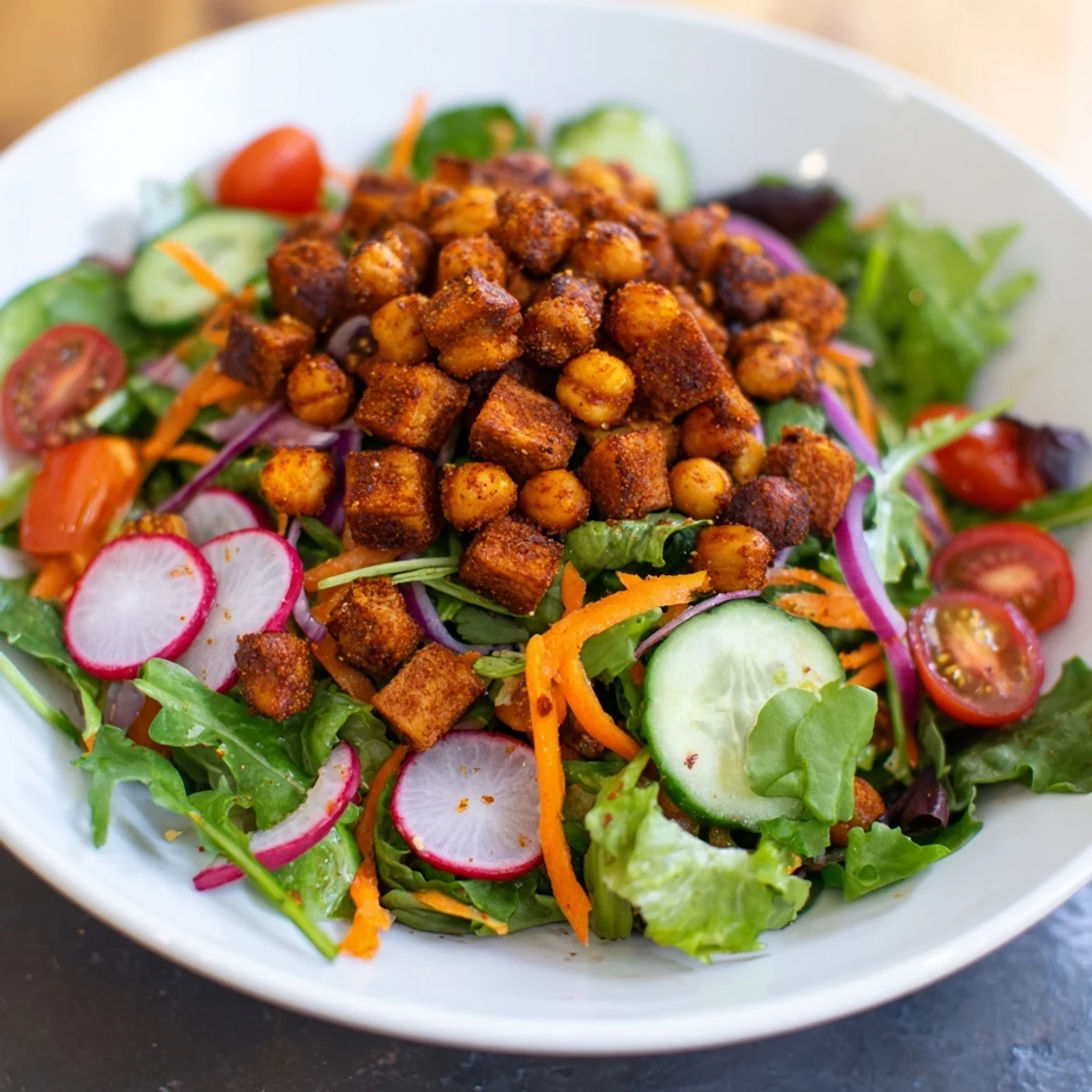 Mixed Greens Salad with crispy chickpea croutons bursting with freshness, perfectly dressed for a tasty vegan meal.