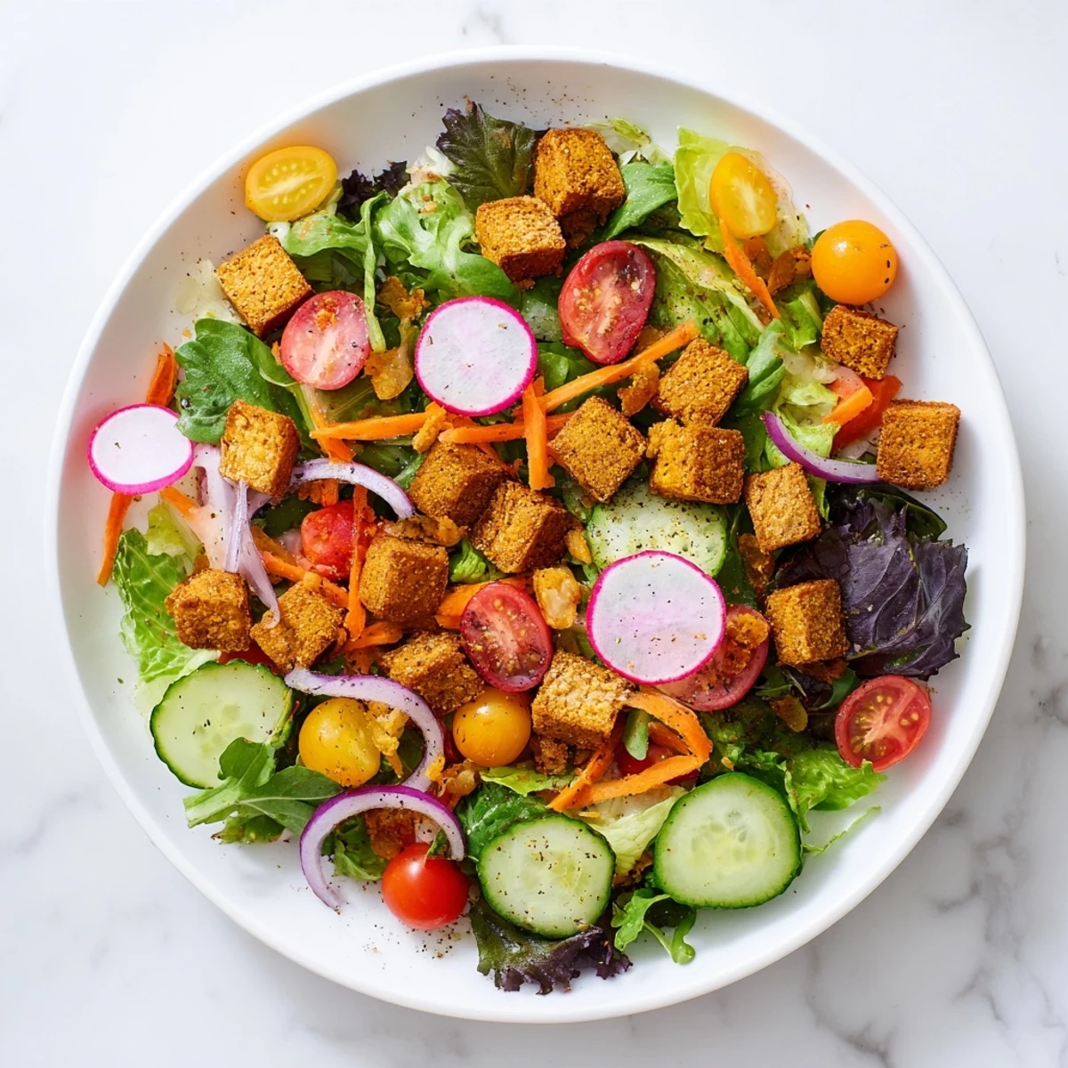 Beautiful arrangement of Mixed Greens Salad; visually exciting, with vibrant tomatoes and savory chickpea croutons.