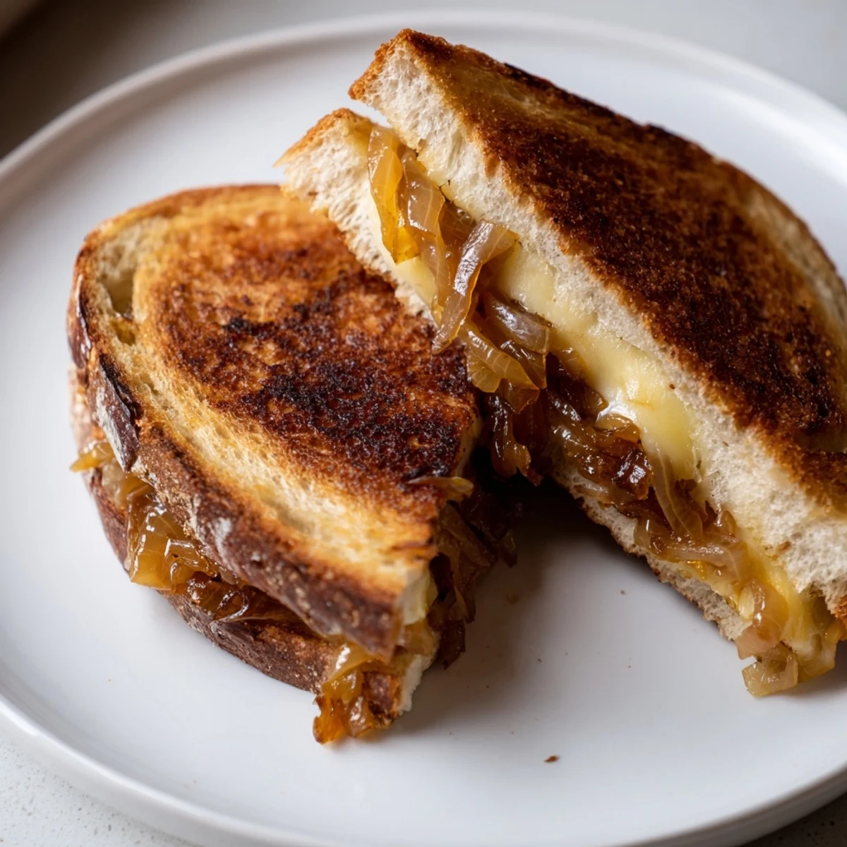 Golden, bubbly Caramelized Onion and Gruyère Grilled Cheese sandwich, cheese oozing out.