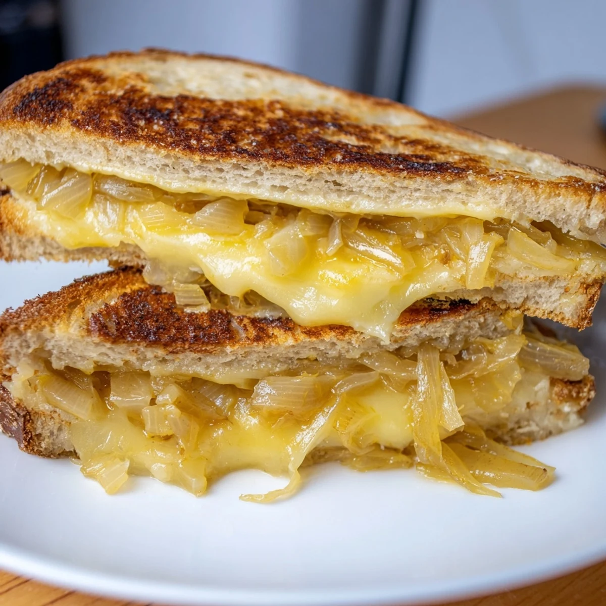 Close-up of a melty Caramelized Onion and Gruyère Grilled Cheese, showcasing rich, caramelized onions.