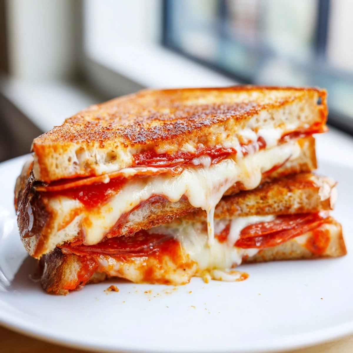Golden-brown Pizza Grilled Cheese sandwich, oozing melted mozzarella and pepperoni slices, served with marinara.
