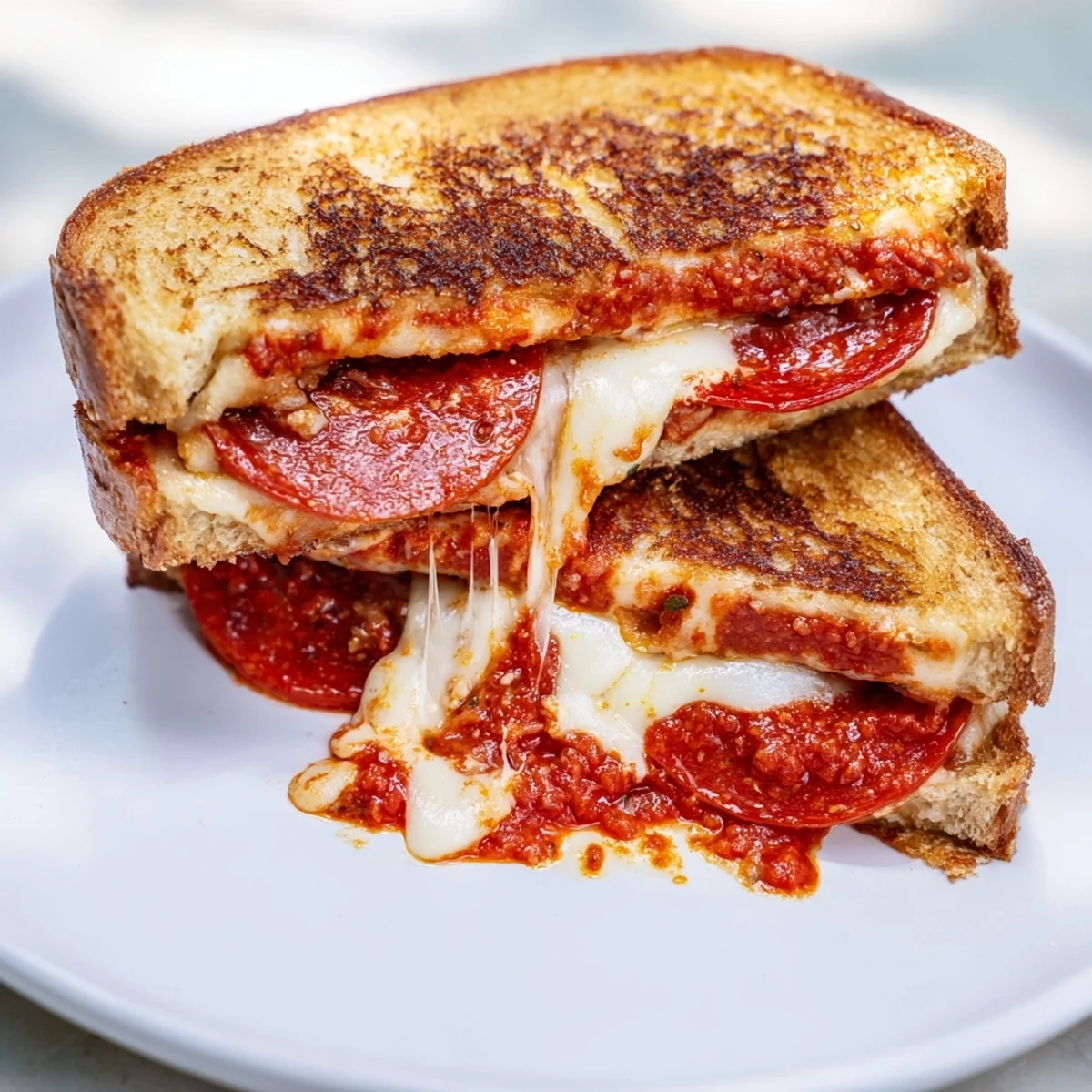 Crispy, cheesy Pizza Grilled Cheese cut in half, a delicious blend of comfort food and pizza flavors, ready to eat.
