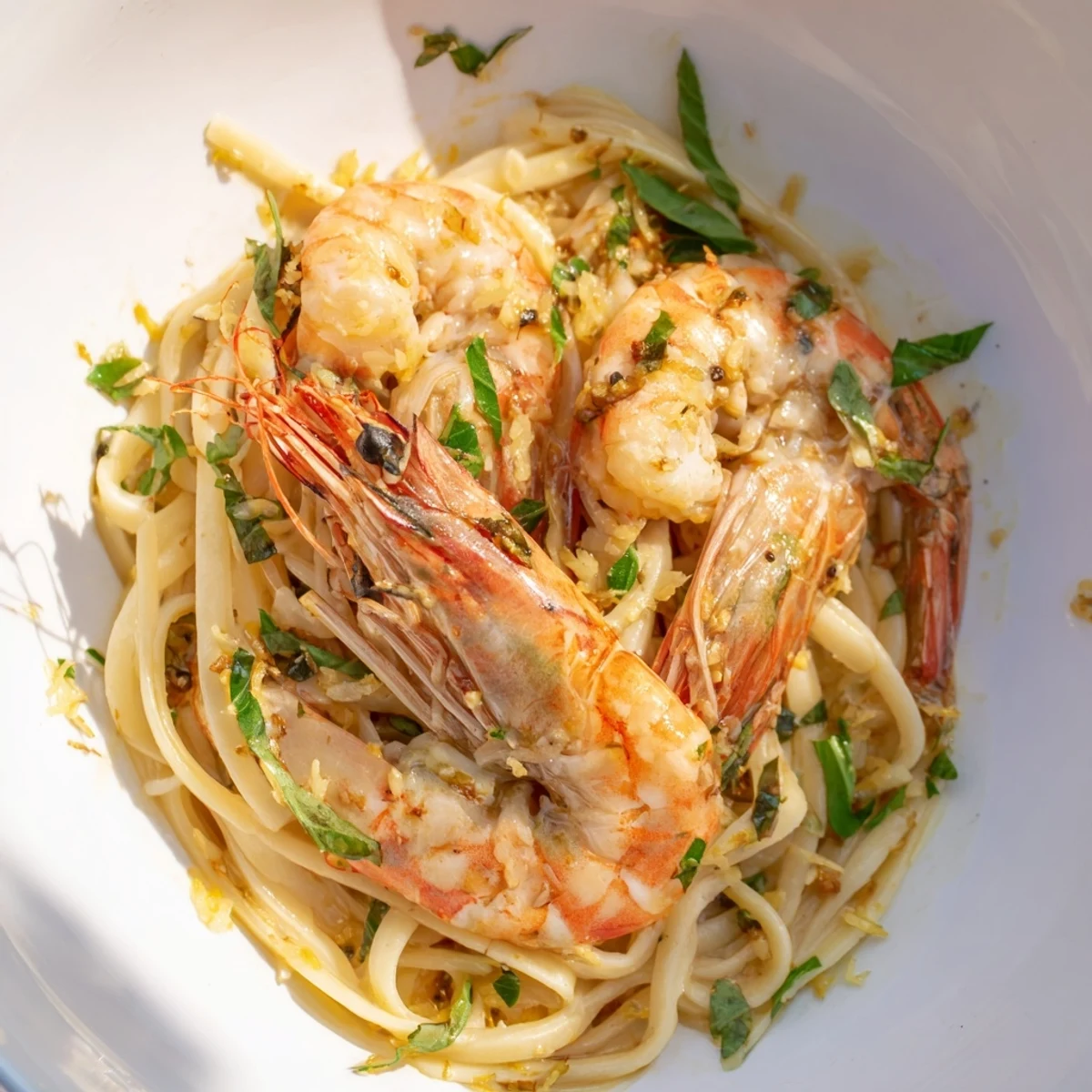 Close-up of golden shrimp nestled in Lemon Herb Pasta, infused with bright lemon and garlic aromas.