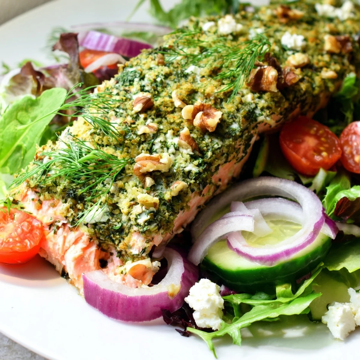 Flaky herb-crusted salmon salad, served warm on a bed of fresh greens and vibrant tomatoes.