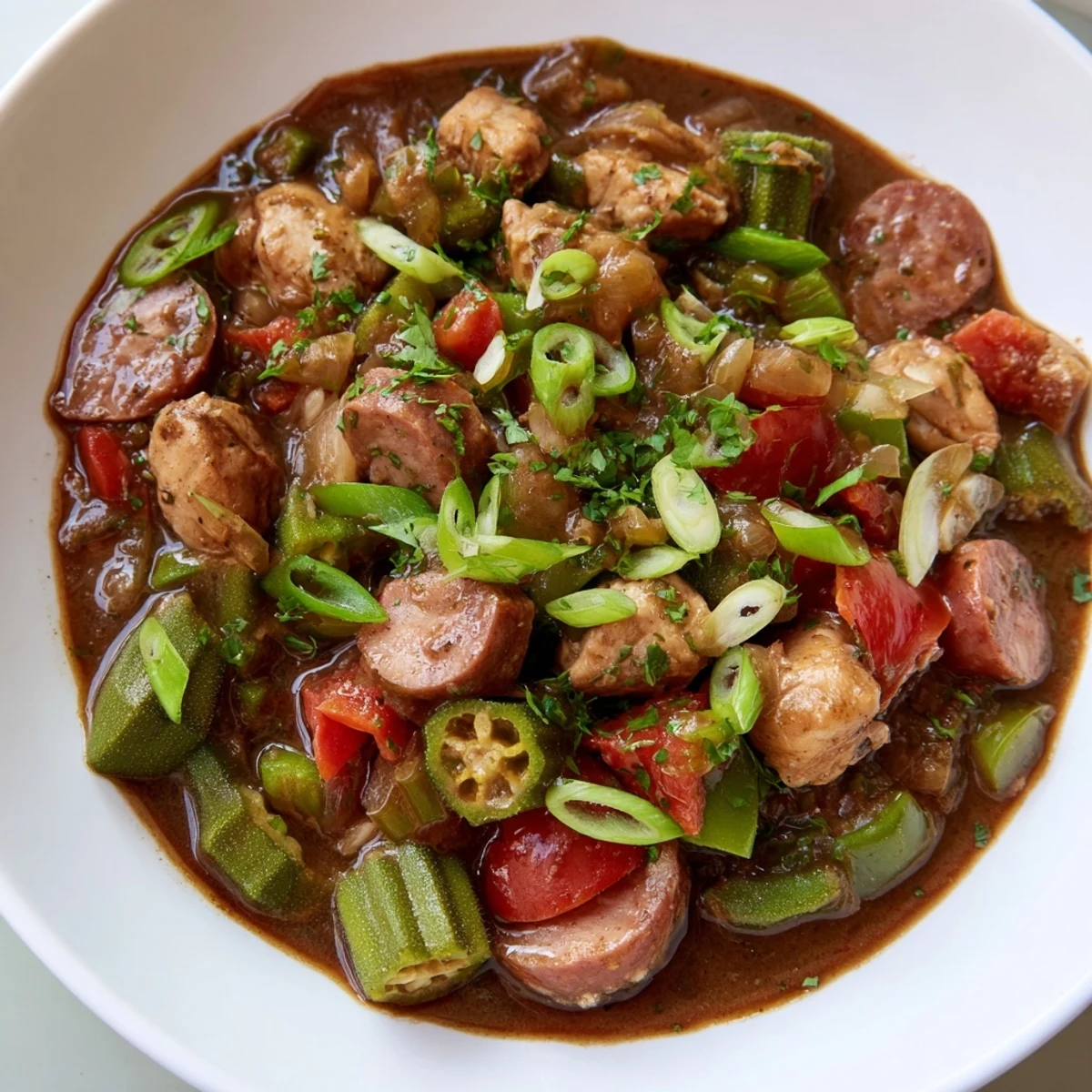 Steaming bowl of Gumbo Okra Soup with visible sausage and chicken, ready to enjoy.
