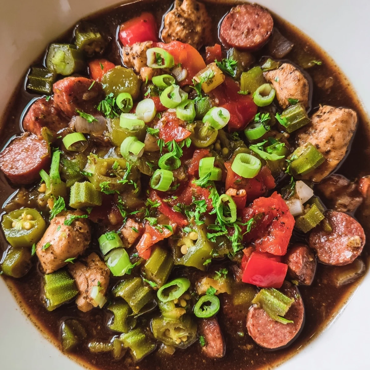 A close-up of hearty Gumbo Okra Soup served over rice, a classic Creole stew.