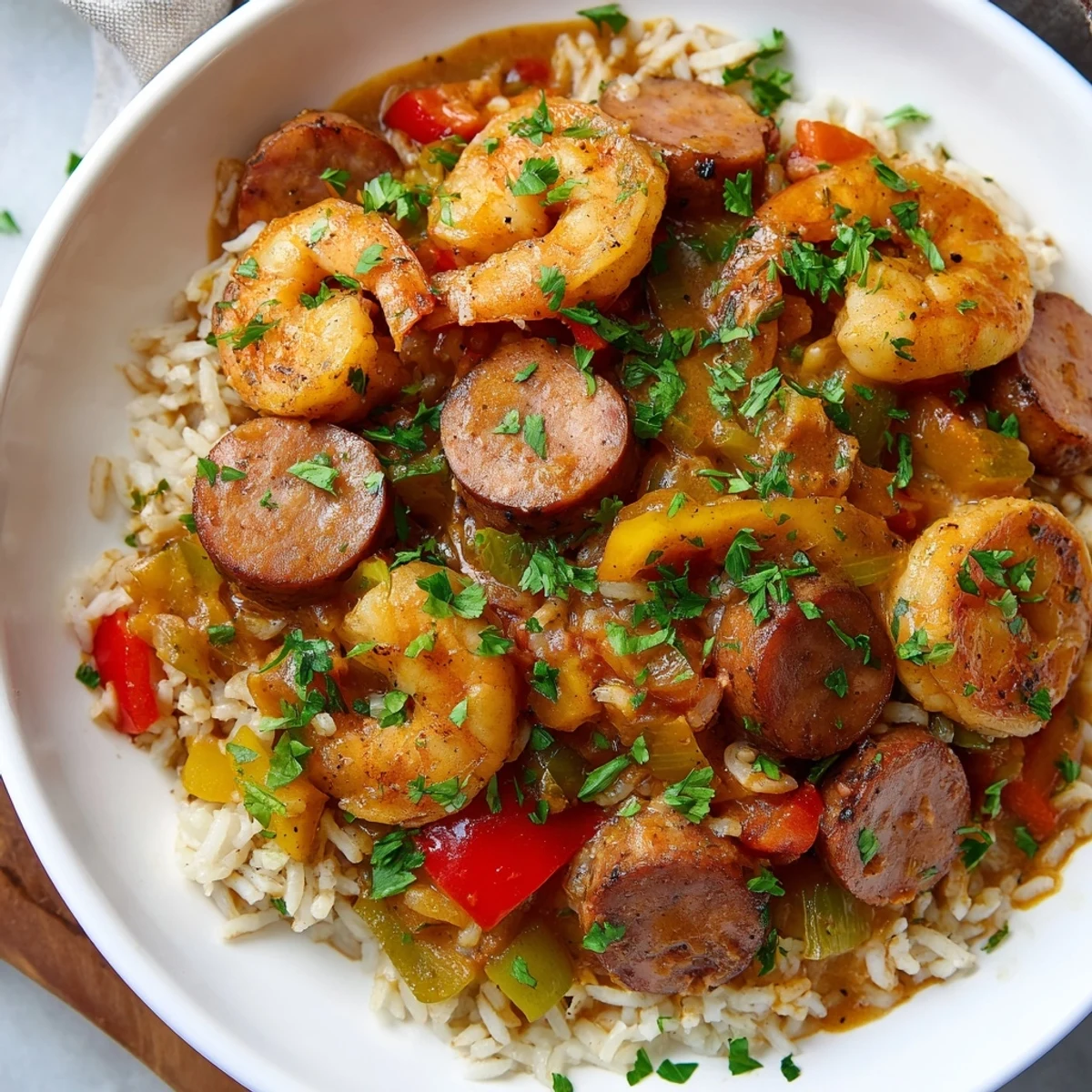 Steaming hot Jambalaya Skillet with shrimp, sausage, and peppers ready to be served and enjoyed.
