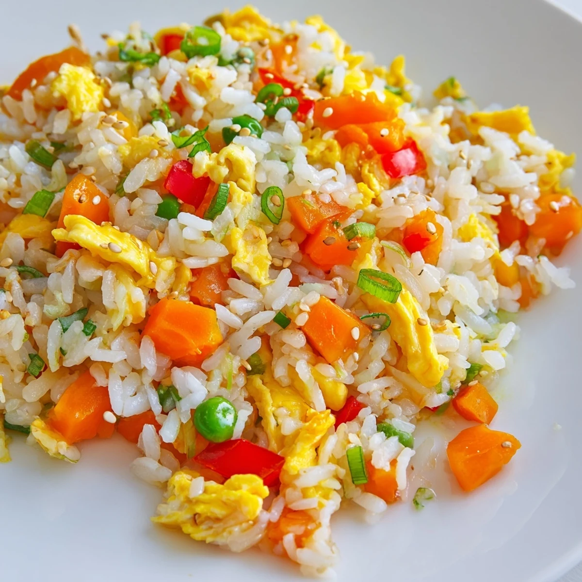 Golden brown egg fried rice with peas and carrots, ready to serve and enjoy.