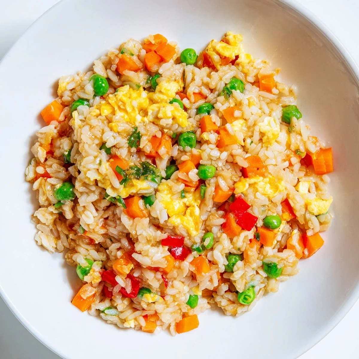 A steaming bowl of egg fried rice, full of colorful vegetables, a quick weeknight dinner.