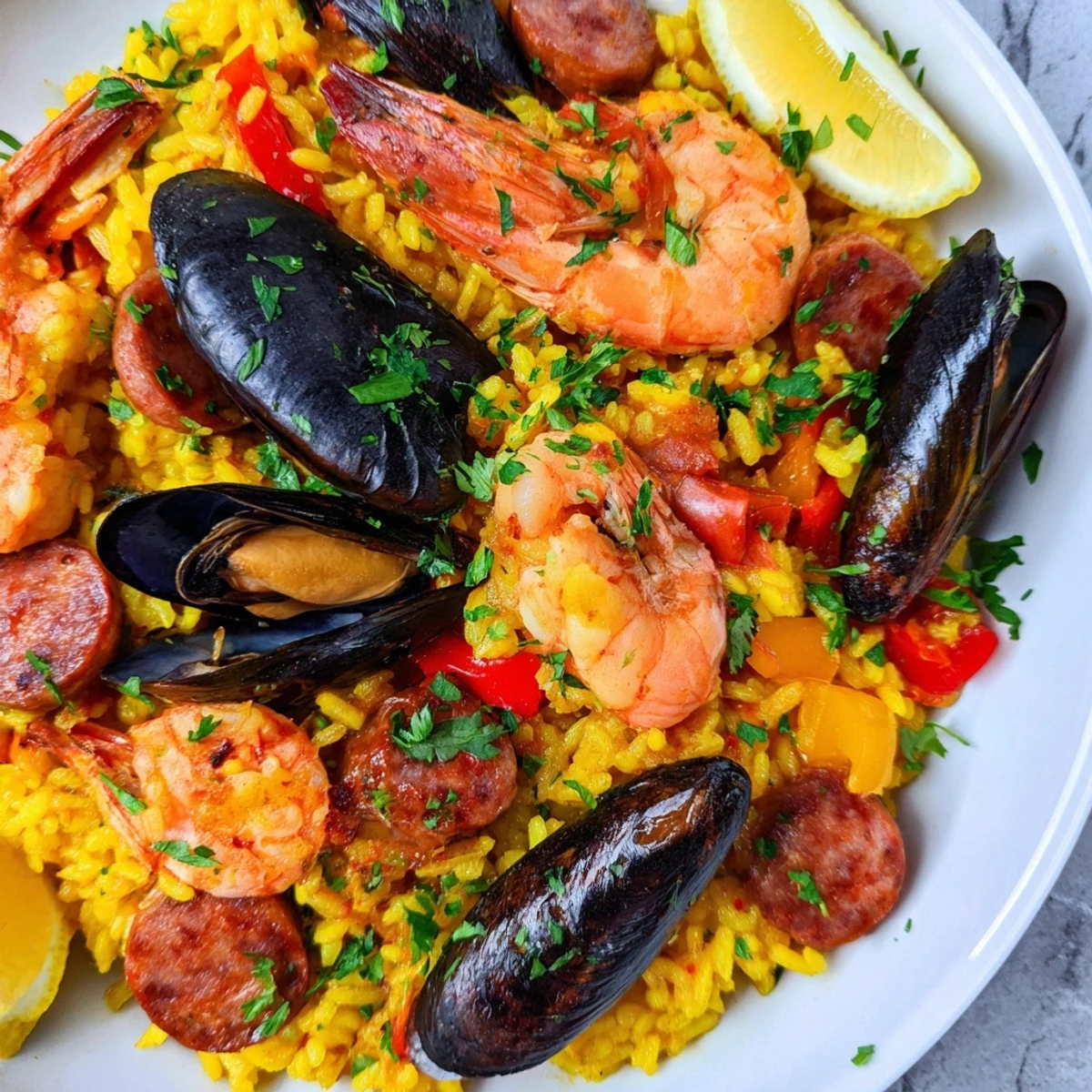 A steaming pan of Paella Spanish Rice, boasting colorful vegetables, juicy shrimp, and tender chicken is served.