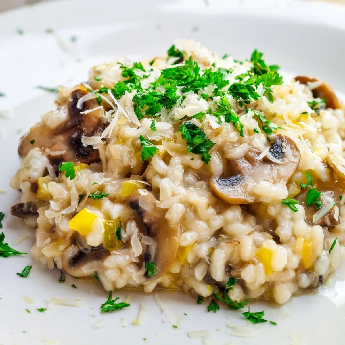 Creamy risotto with mushrooms, topped with Parmesan; a delicious Italian vegetarian main dish.