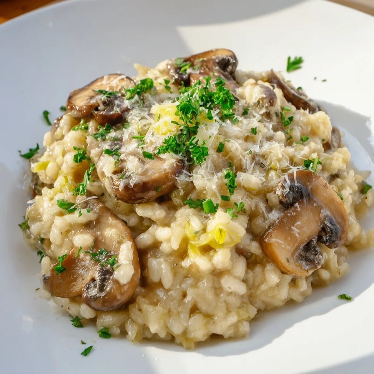 Golden-brown sautéed mushrooms enrich this creamy Arborio rice risotto, ready to serve with fresh parsley.