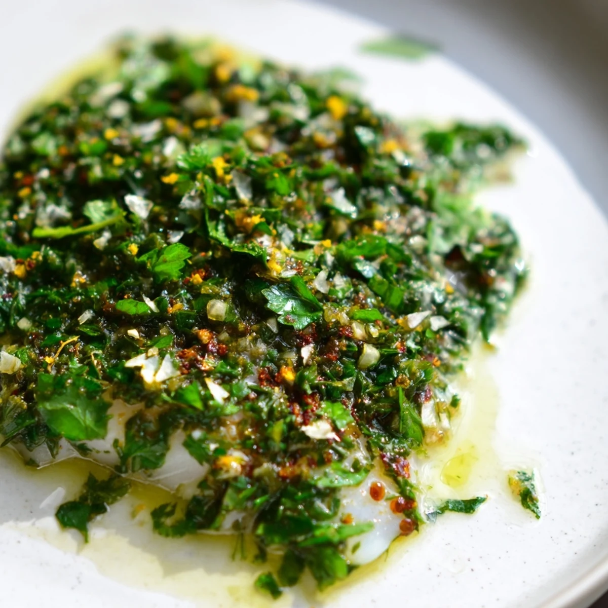 Fresh Moroccan Chermoula Marinade, a zesty blend covering flaky fish, ready to be grilled to perfection.