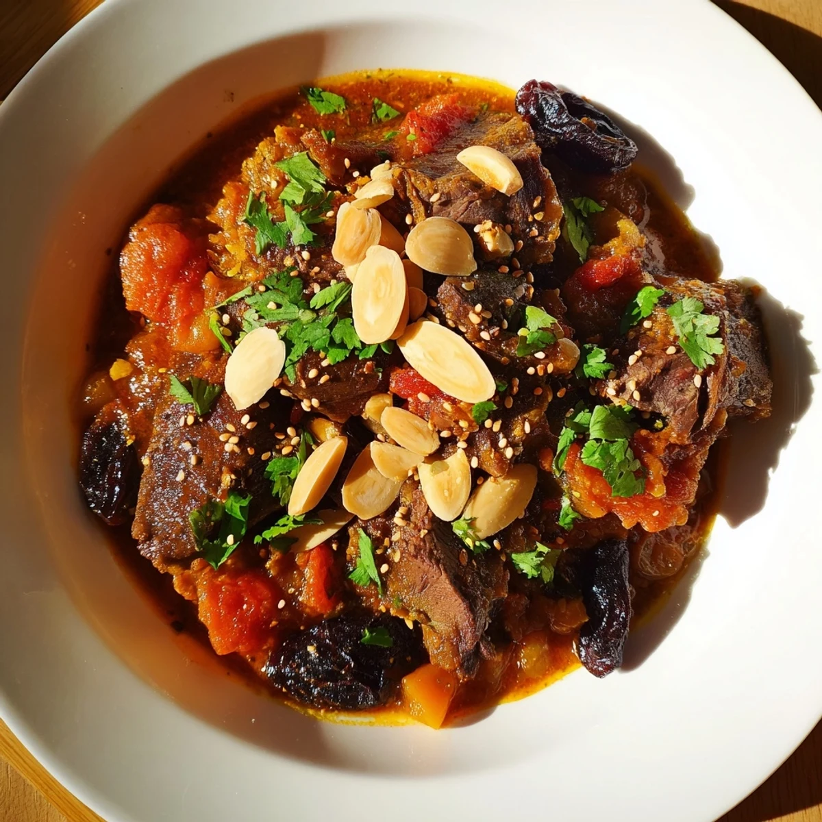 Rich and flavorful Moroccan lamb tagine with tender lamb, prunes, and toasted almonds, ready to serve.