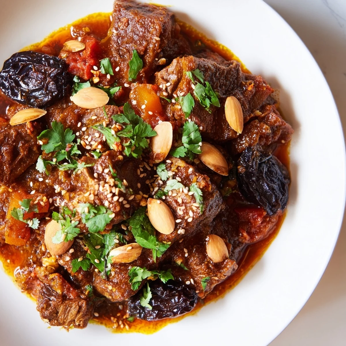 Aromatic Moroccan lamb tagine simmered in a flavorful sauce with prunes and almonds, perfect for a cozy dinner.