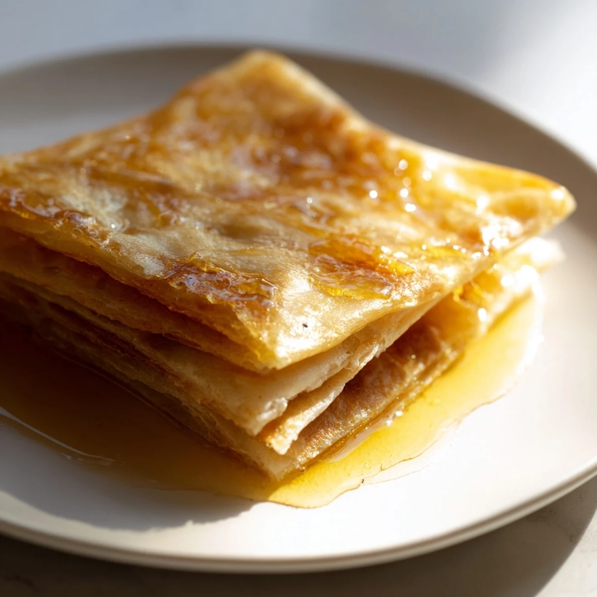 Close-up of fluffy Moroccan Msemen, drizzled with honey, perfect for a traditional breakfast treat.