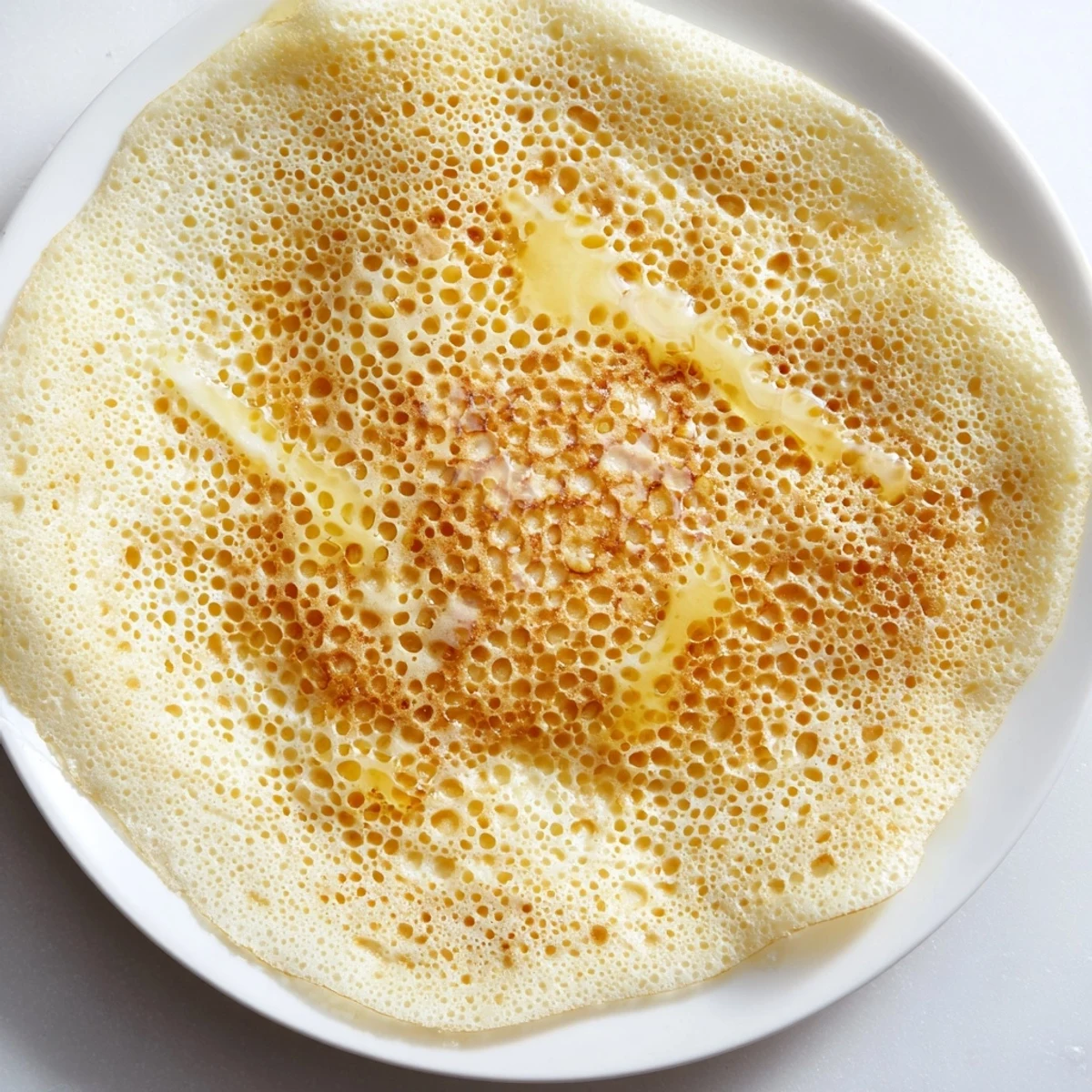 Pile of warm Moroccan Baghrir, served with melted butter and honey, a delicious breakfast or dessert.
