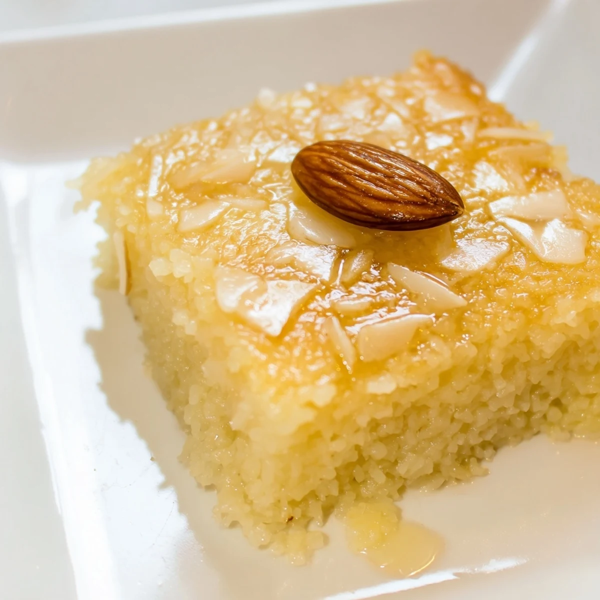 Golden brown Egyptian Basbousa cake, topped with almonds, soaked in sweet, fragrant syrup.