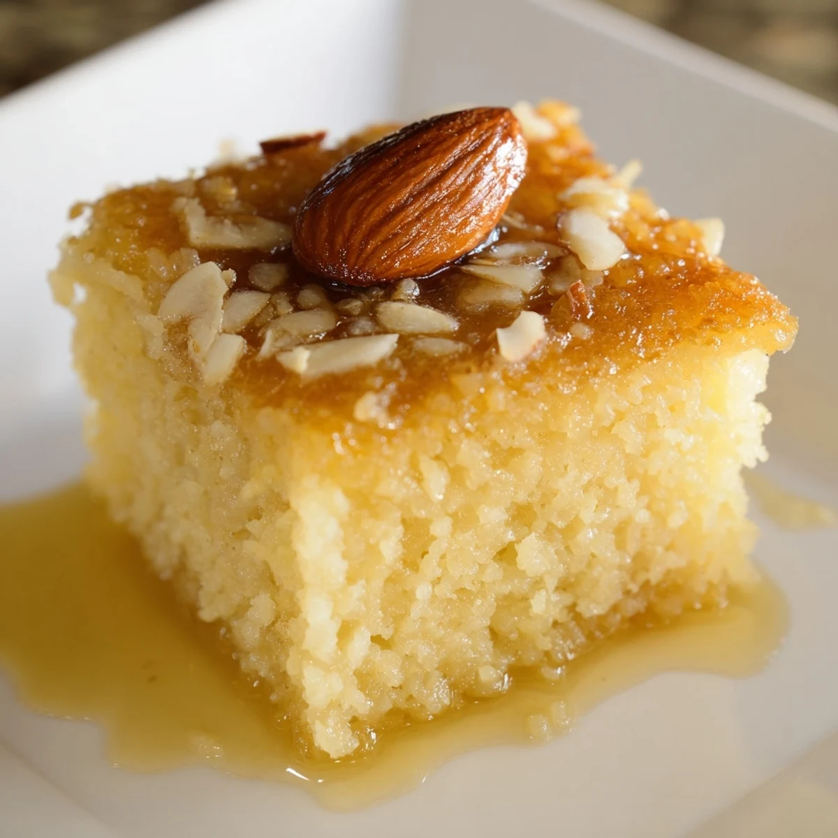 A close-up of a square of Basbousa, showing the moist semolina texture and glistening syrup.