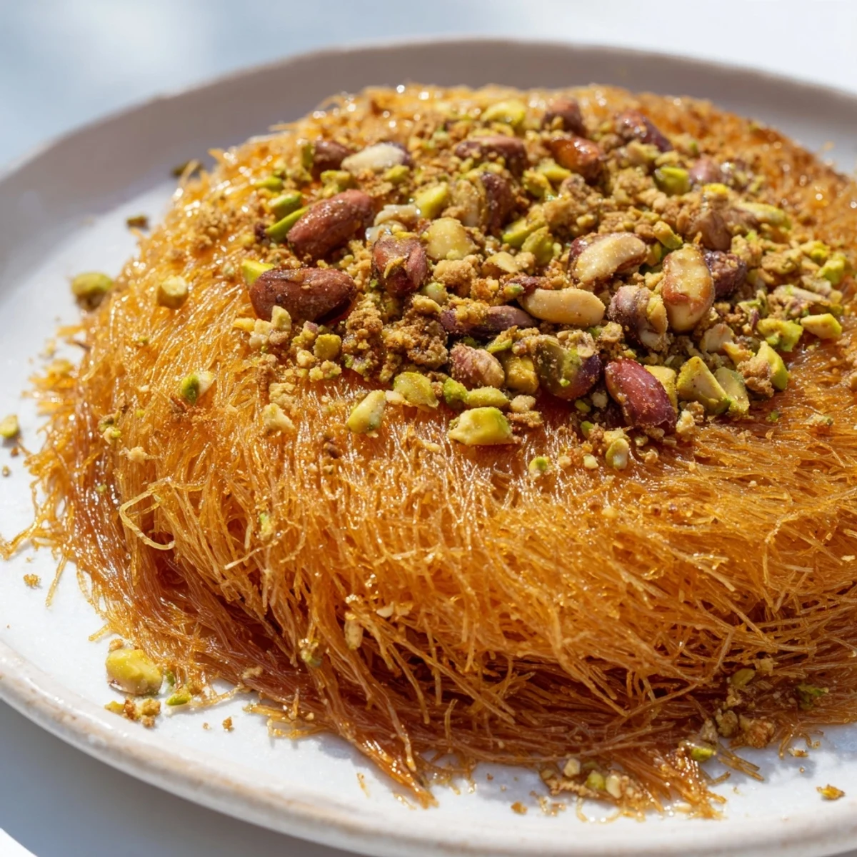 Golden brown Egyptian Konafa, a sweet Middle Eastern dessert, glazed with glistening honey syrup.