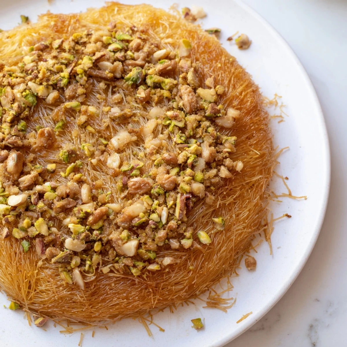 Close-up of crispy kataifi layers with a sprinkle of nuts, the homemade Egyptian Konafa ready.