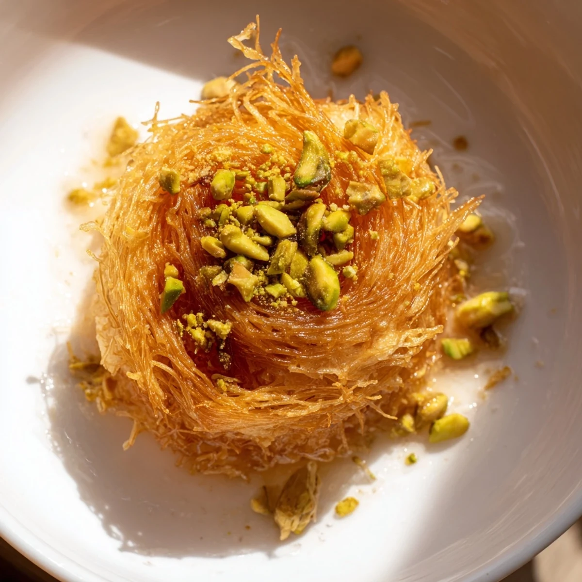 Golden Lebanese Knafeh, a warm cheese dessert, drizzled with sweet orange blossom syrup.