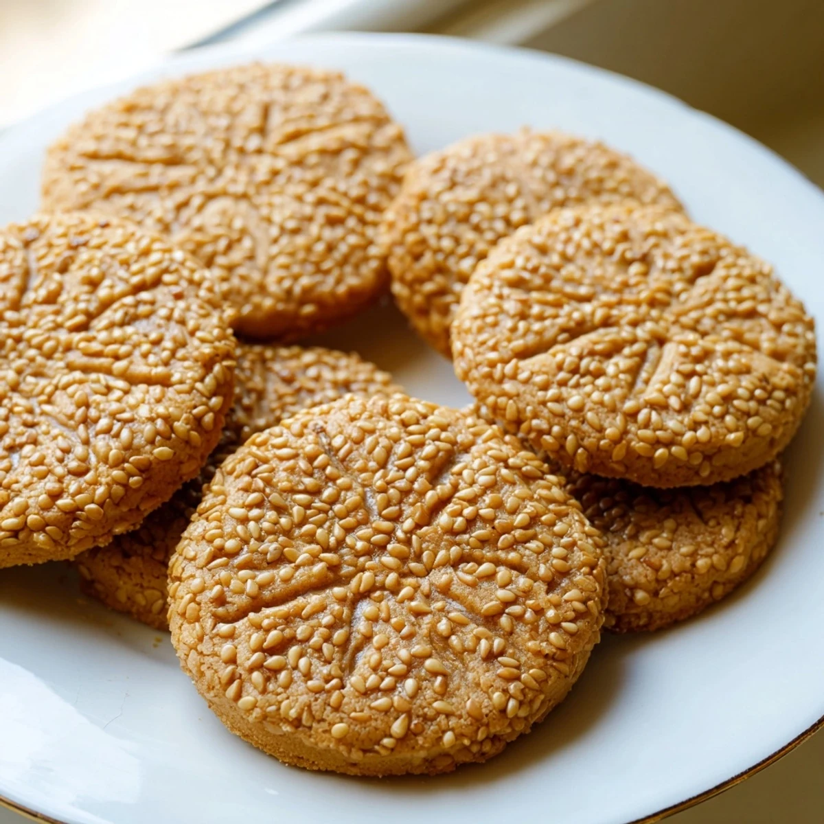 Freshly baked Palestinian Kahk cookies, golden with sesame seeds, perfect with warm mint tea.