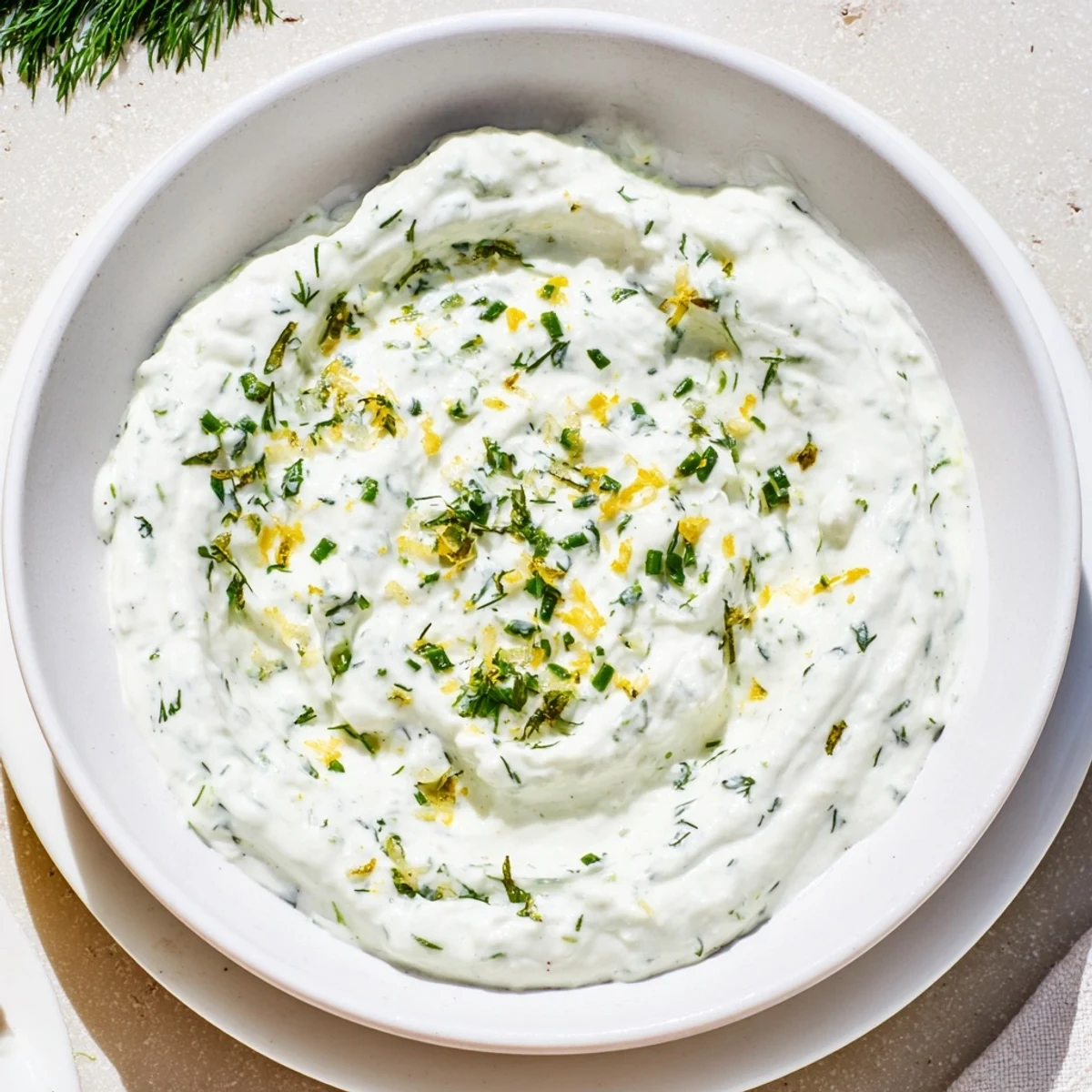 A bowl of Greek Yogurt Herb Dip topped with fresh dill and chives, served alongside crisp bell peppers and cucumber rounds. 