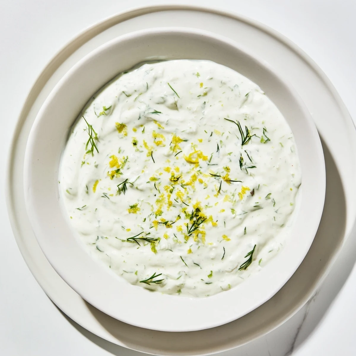 A freshly made Greek Yogurt Herb Dip surrounded by crunchy pita chips and colorful vegetable crudités on a white plate. 