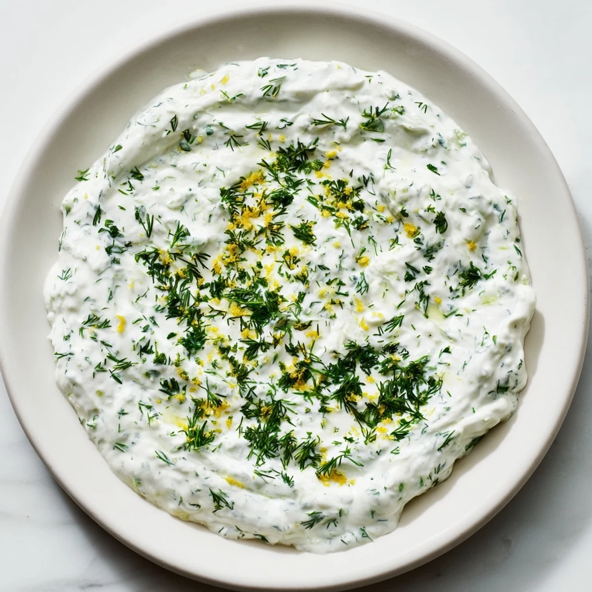 Spoon lifting a creamy portion of Greek Yogurt Herb Dip from a bowl, garnished with parsley and a hint of lemon zest.