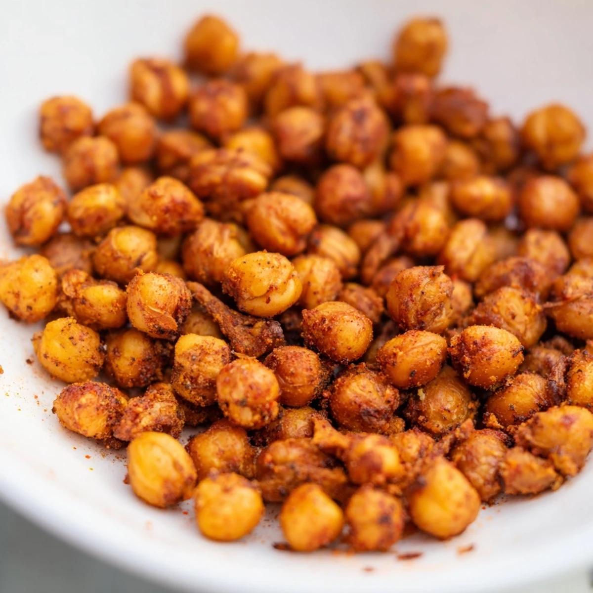 Golden-brown crispy chickpea snacks roasted with smoked paprika and cumin, served warm in a rustic bowl.  