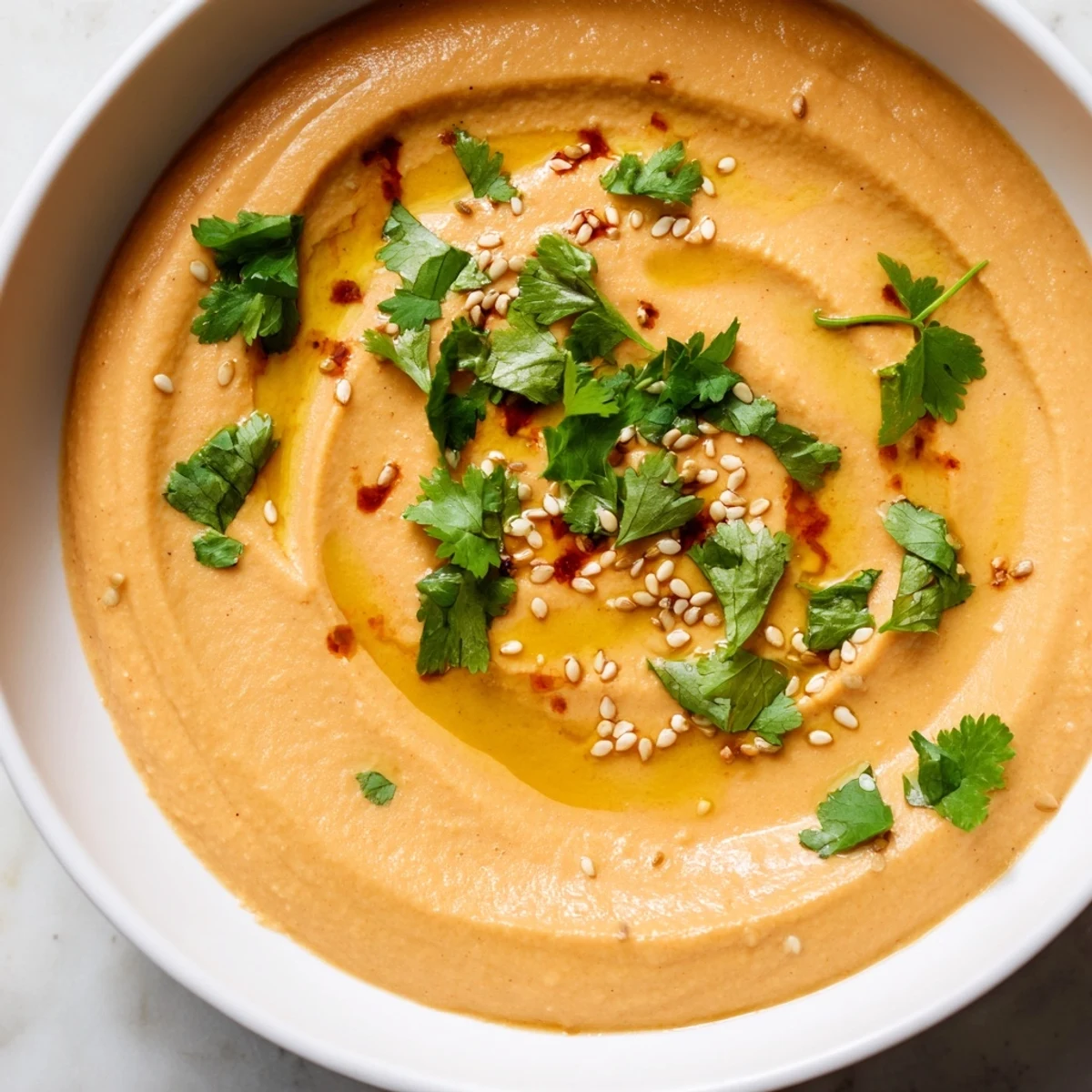 Smooth Carrot Ginger Dip in a rustic bowl, topped with sesame seeds and herbs, perfect for gluten-free snacking.