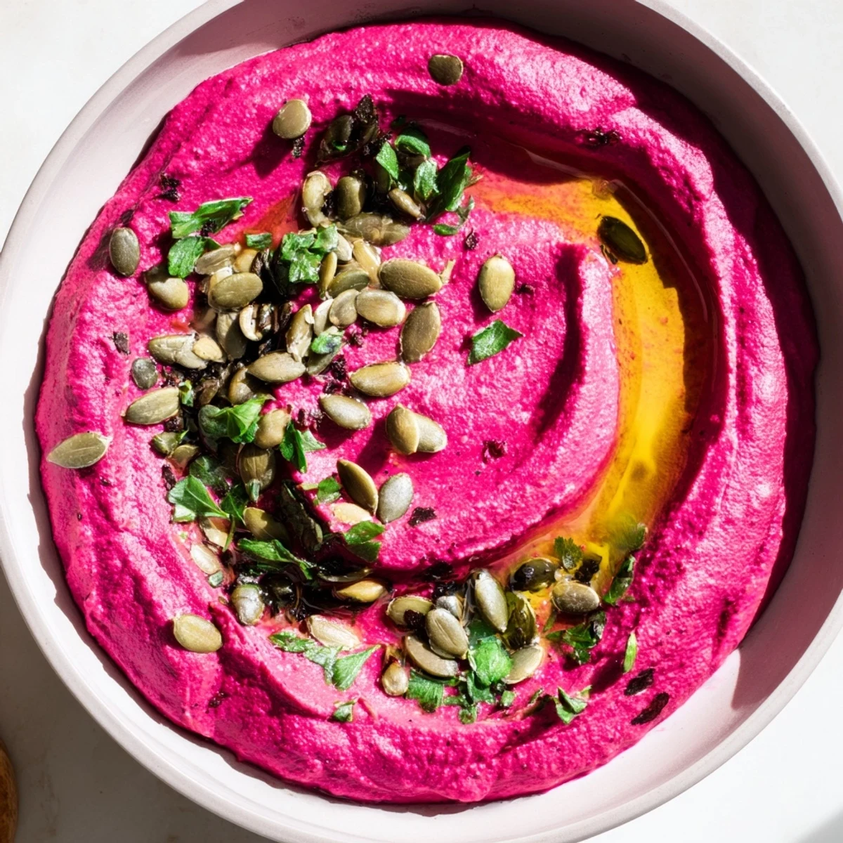 A vibrant pink Beet Hummus, creamy and topped with olive oil, toasted pumpkin seeds, and fresh parsley served with pita.  