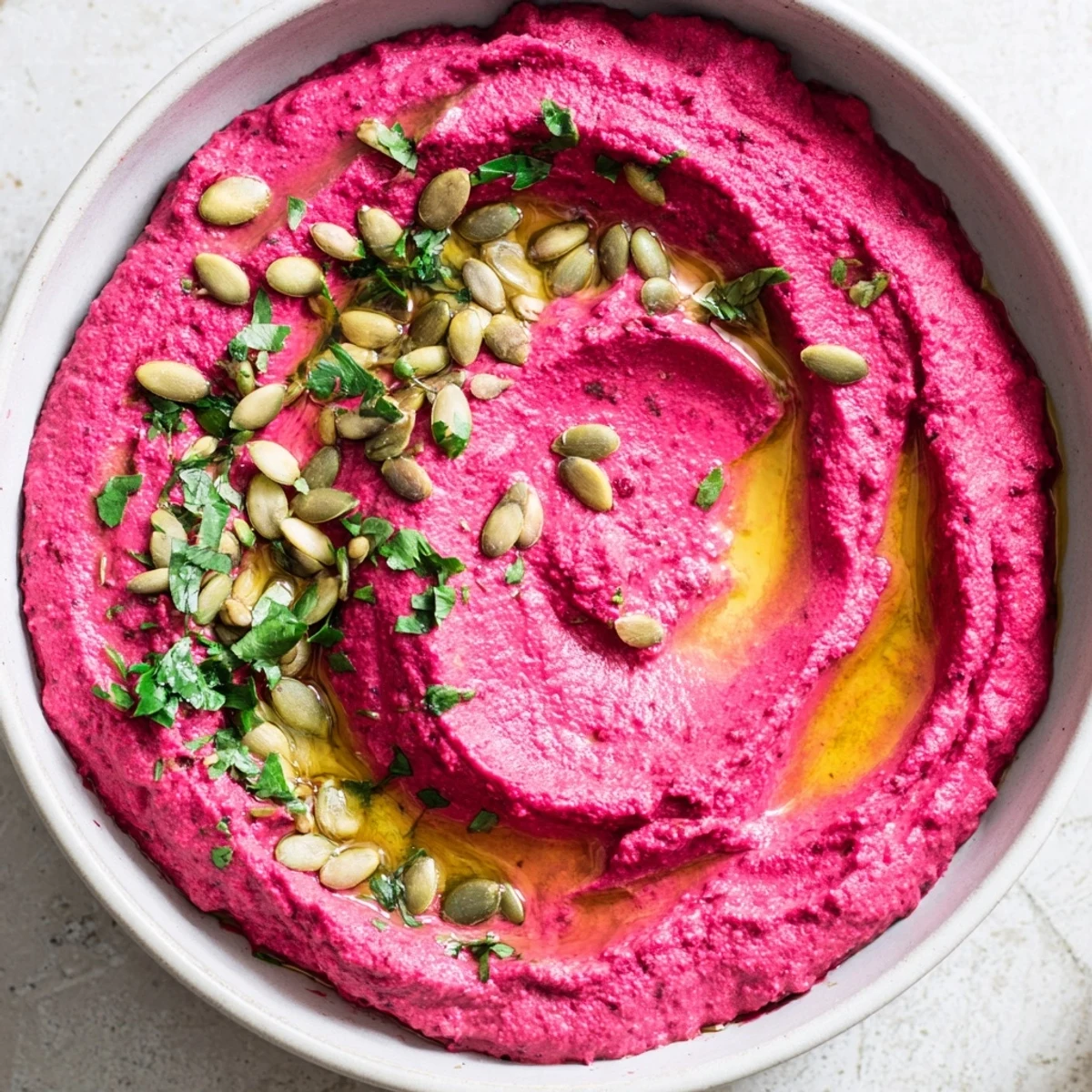 This beet hummus recipe shows a smooth, bright magenta dip garnished with parsley, ready for vegetable crudités.  