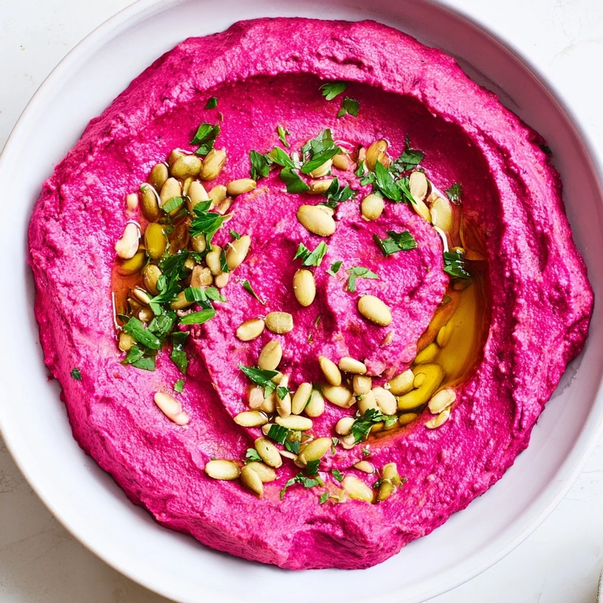 Roasted beet hummus in a white bowl with a drizzle of olive oil and sesame seeds, ideal for gluten-free snacking.