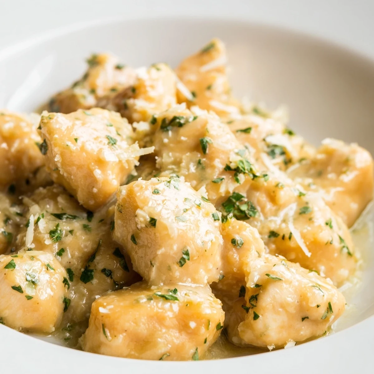 Golden-brown Creamy Garlic Chicken Bites simmer in a rich, cheesy sauce, garnished with fresh parsley on a rustic wooden board.