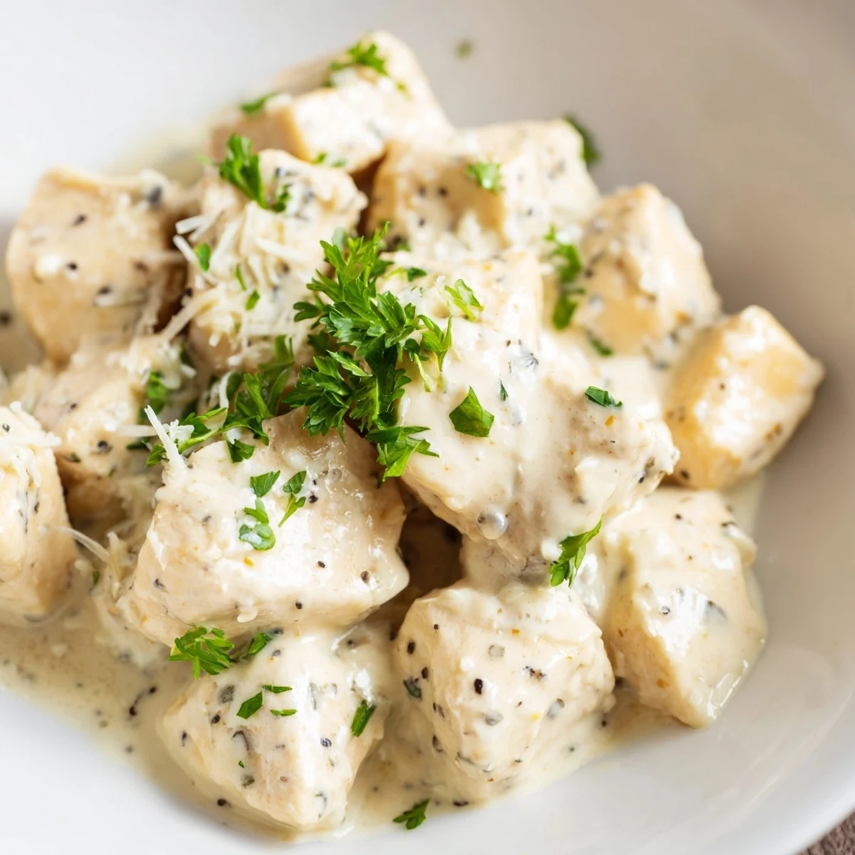 Creamy Garlic Chicken Bites sizzling in a skillet with melted Parmesan and herbs, perfect for a quick weeknight dinner.