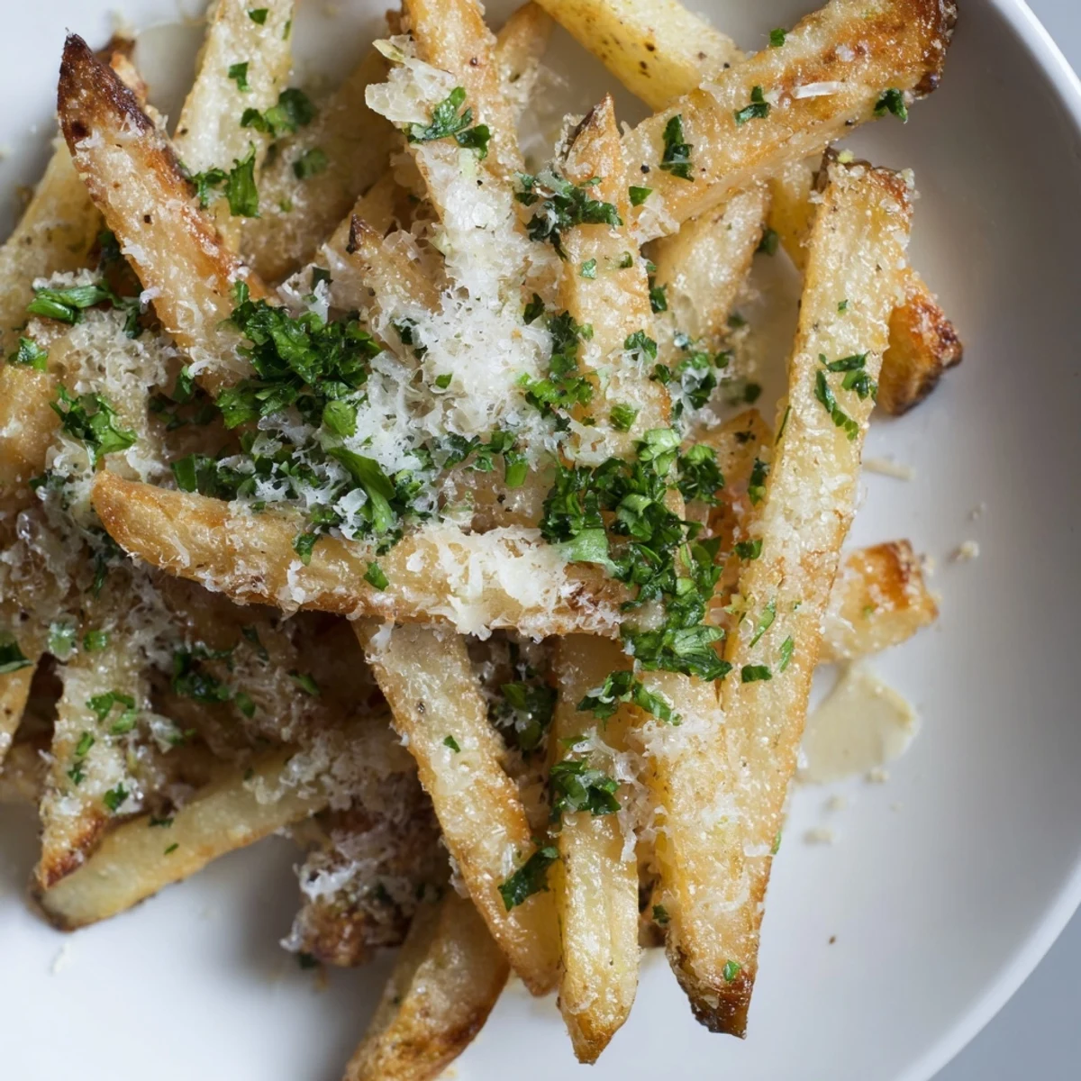Golden, oven-baked Truffle Parmesan Fries, crisped to perfection and garnished with fresh parsley for a savory, aromatic snack.