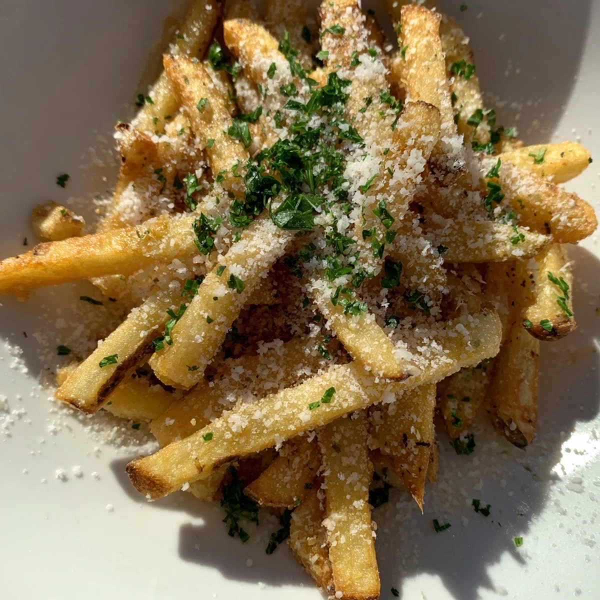 A close-up view of Truffle Parmesan Fries tossed with grated cheese and truffle oil, served hot as an irresistible side dish.
