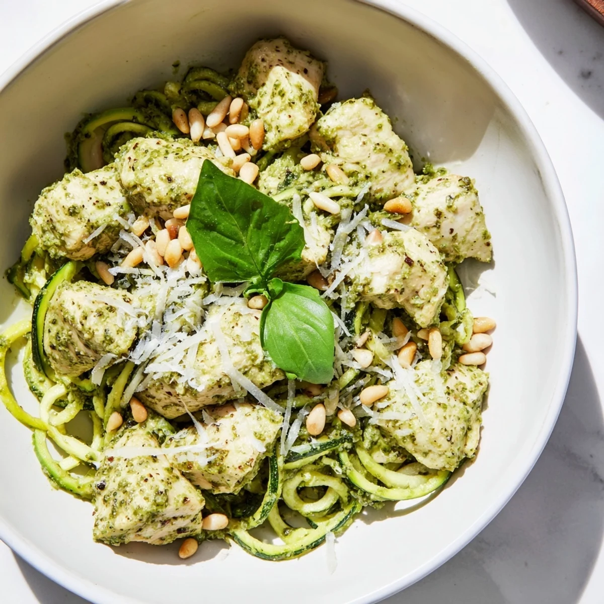 Golden-brown sautéed chicken and crisp zucchini noodles coated in vibrant basil pesto, topped with pine nuts and Parmesan.