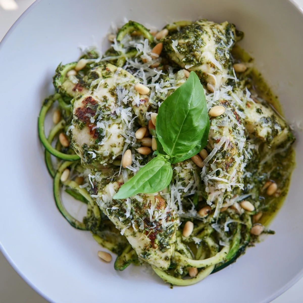 Serving suggestion for a low-carb Mediterranean meal featuring Pesto Zucchini Chicken Bowl with lemon juice and toasted pine nuts.