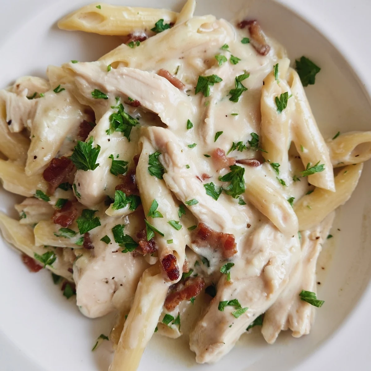 Creamy Chicken Bacon Penne pasta is served hot, featuring golden penne tossed in a rich Parmesan cream sauce with tender chicken pieces.