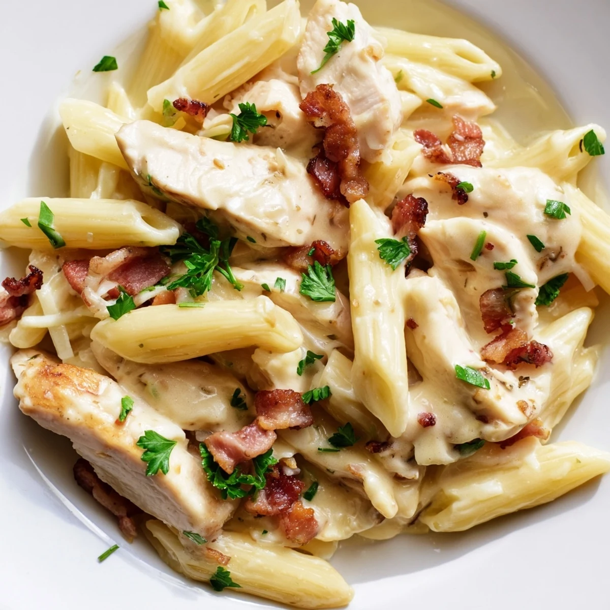 Savory, crispy bacon bits and fresh parsley garnish this steaming bowl of Creamy Chicken Bacon Penne, perfect for a comforting Italian-American family dinner.