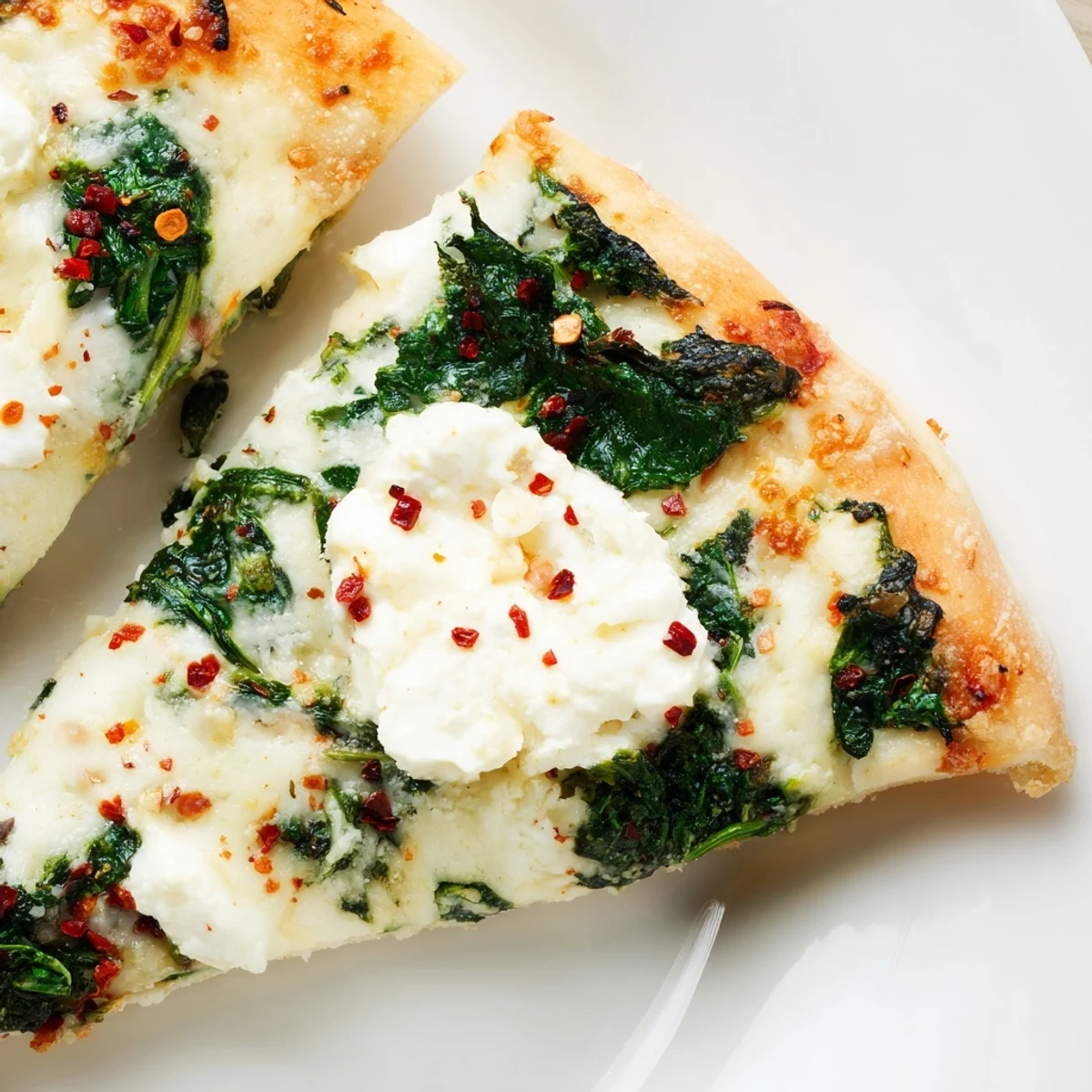 Sizzling Spinach Ricotta Pizza from the oven, showcasing a thin crust brushed with garlic butter and topped with vibrant green spinach.