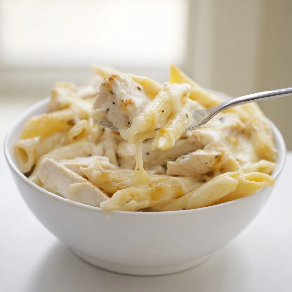 A close-up of golden, bubbling mozzarella topping on the Chicken Alfredo Casserole, revealing creamy pasta and tender chicken beneath. 