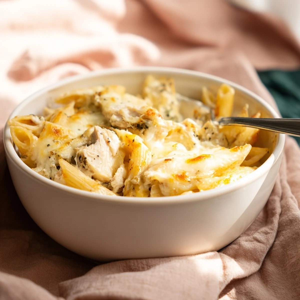 Fresh parsley garnish rests on the surface of the delicious Chicken Alfredo Casserole, which sits in a ceramic baking dish. 
