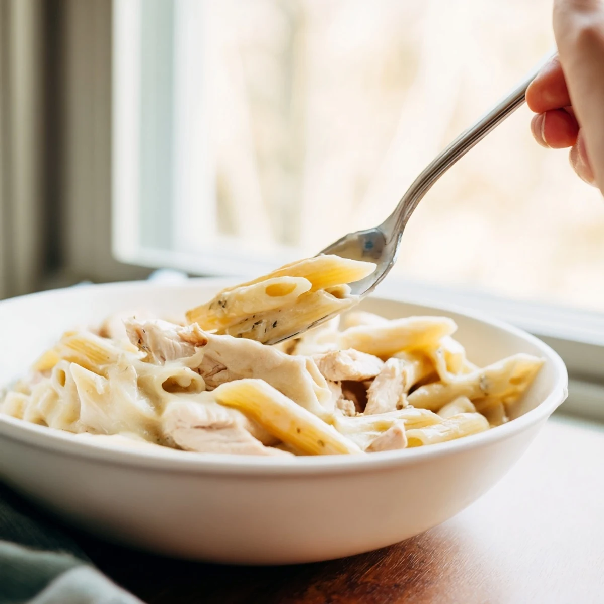 Steam rises from a slice of the hearty Chicken Alfredo Casserole, showing gooey cheese pulls and a rich, creamy sauce.