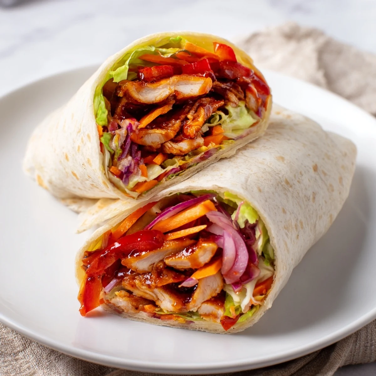 A close-up of a Honey Sriracha Chicken Wrap cut in half, revealing layers of tender glazed chicken, crisp lettuce, and colorful bell peppers inside a soft flour tortilla.